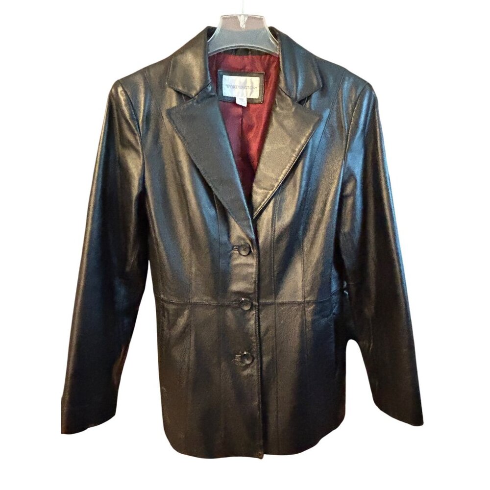 Worthington Womens Black Genuine Leather Button Closure Lined Jacket SZ Small